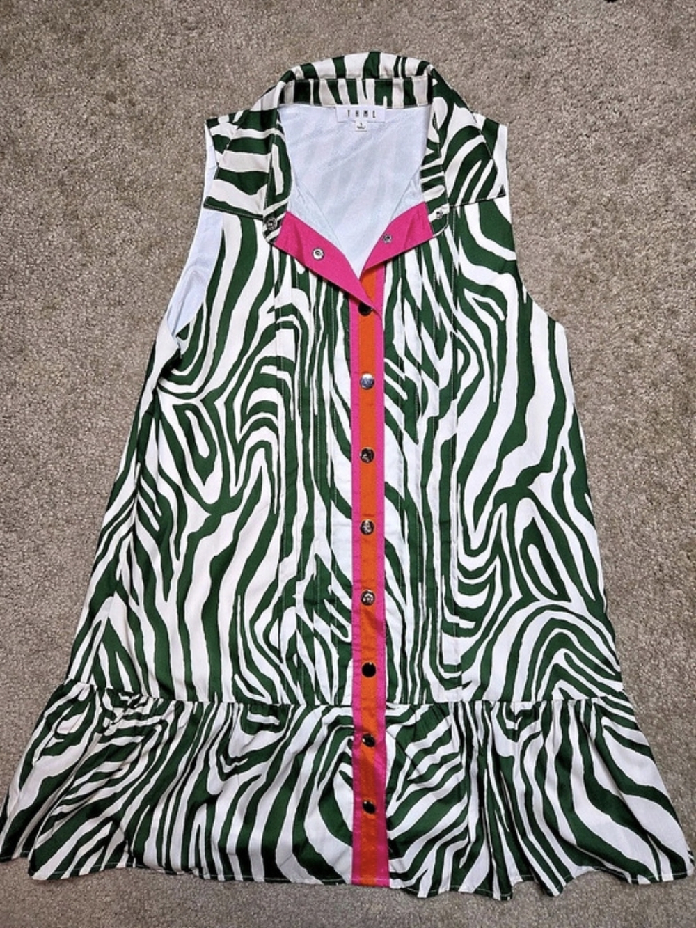 THML Green Zebra Stripe Animal Print Dress Neon Pink Accent Ruffle Sleeveless L